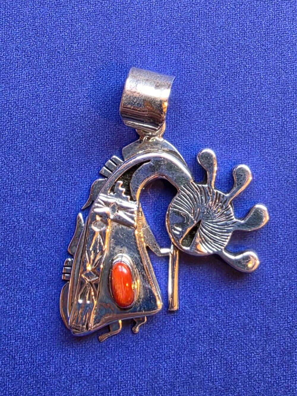 Nelson Morgan Native American Navajo Sterling Silver and Coral Kokopelli Pendant